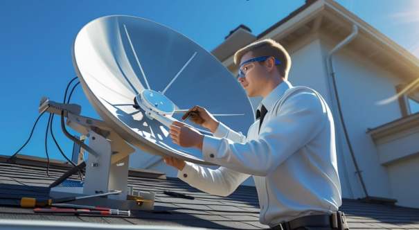 A DSTV accredited technician installing a satellite dish